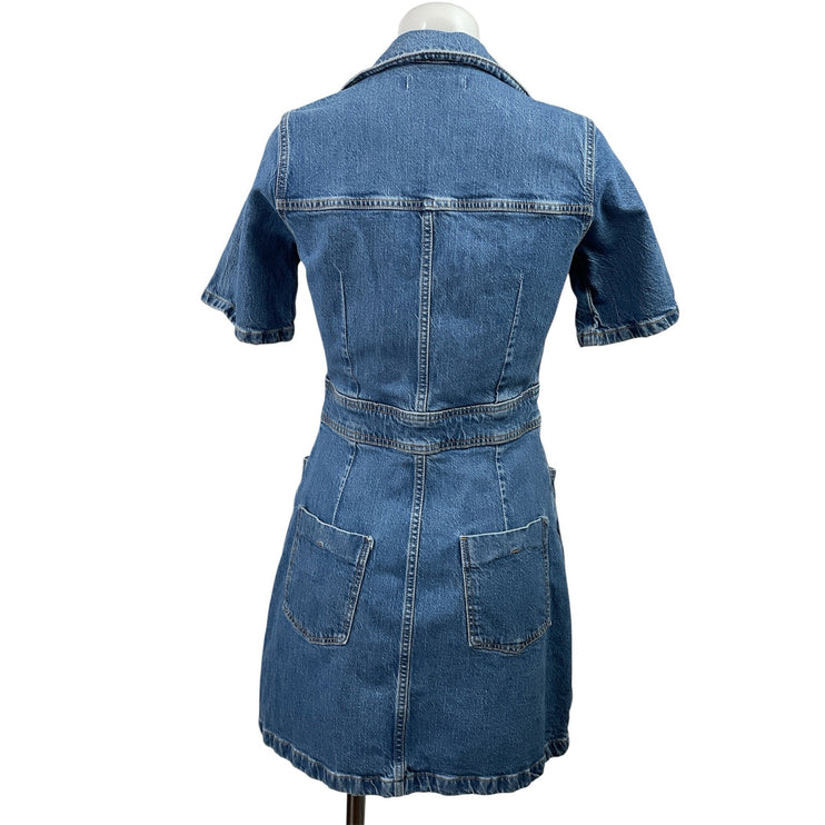 Zara Womens Blue Short Sleeve Button Down Collared Mini A-Line Denim Dress Sz M