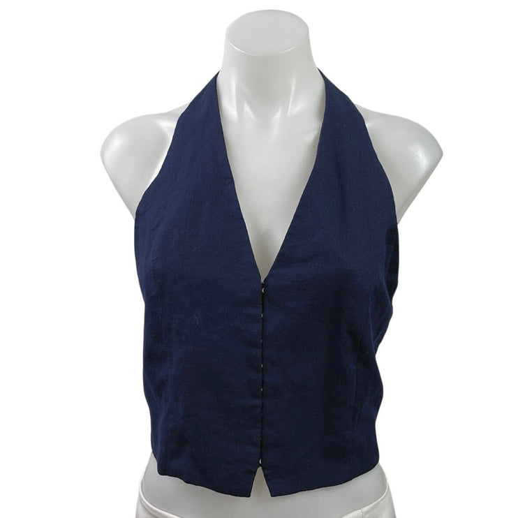 NEW Zara Dark Blue Halter Open Back Backless V Neck Adjustable Vest Crop Top M