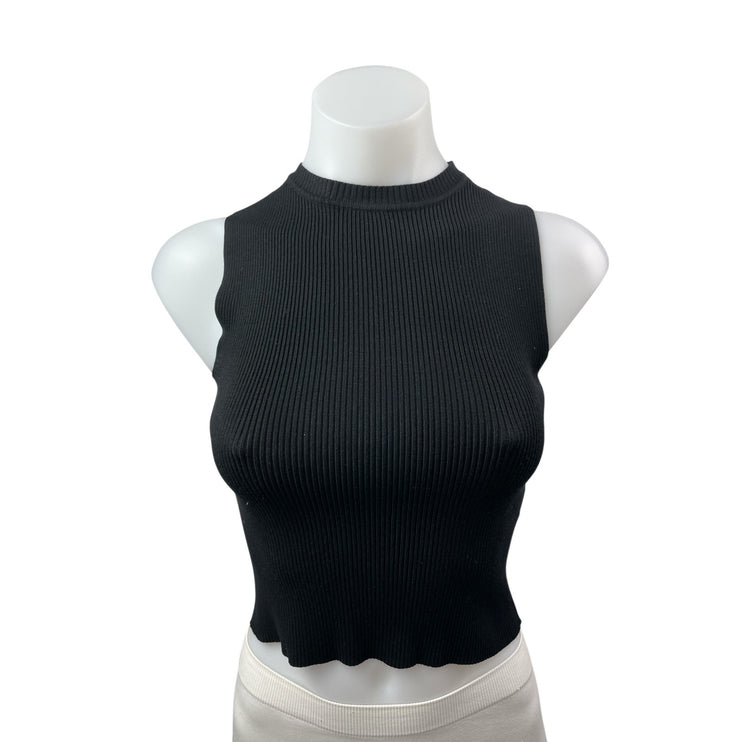Zara Women's Black Ribbed Knit Mock Neck Sleeveless Slim Fit Crop Tank Top Sz S