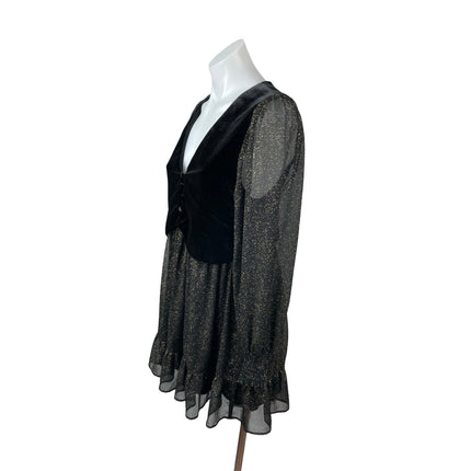 Zara Black Velvet Velour Mesh Sheer Glitter Long Sleeve A Line Mini Dress Sz XS