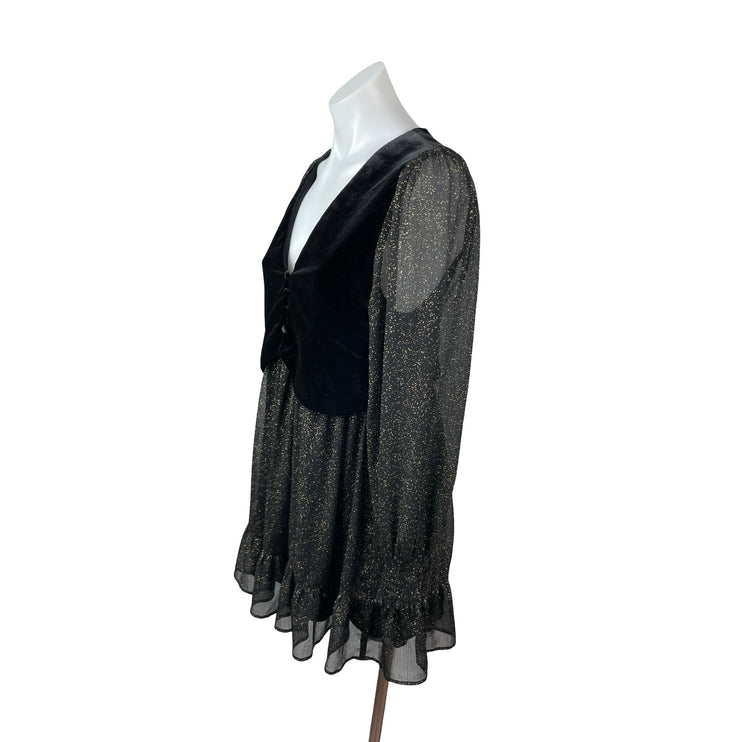 Zara Black Velvet Velour Mesh Sheer Glitter Long Sleeve A Line Mini Dress Sz XS