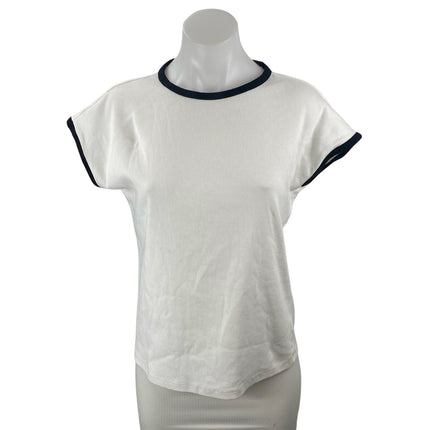 MNG Mango Women's White Short Sleeve Crew Neck Ringer Tee Basic T-Shirt Top Sz M