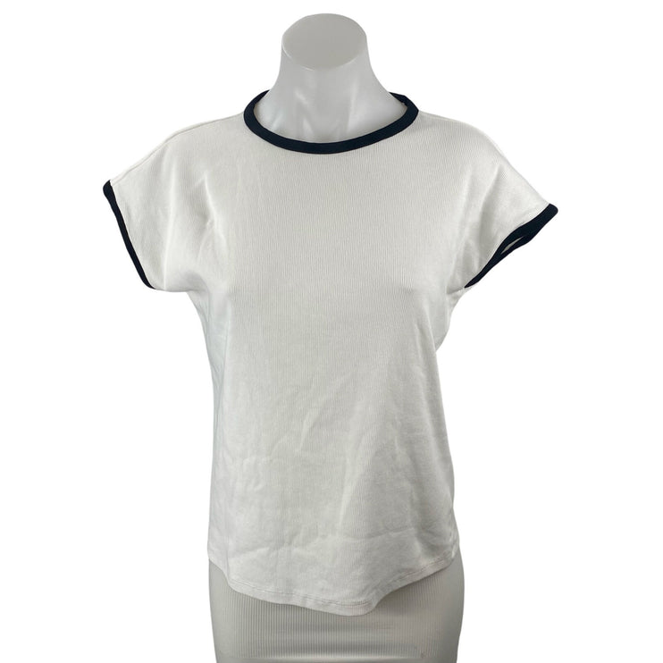 MNG Mango Women's White Short Sleeve Crew Neck Ringer Tee Basic T-Shirt Top Sz M