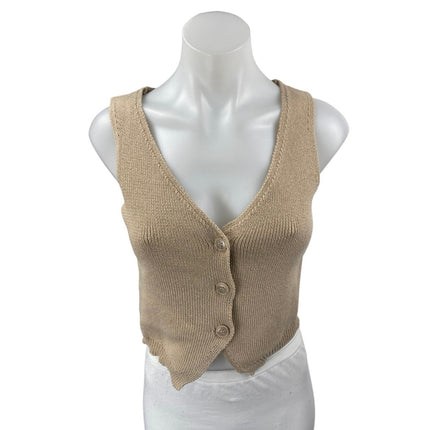 Stradivarius Tan Beige Khaki Ribbed Knit Sleeveless Button Up Vest Top Size S