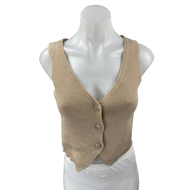 Stradivarius Tan Beige Khaki Ribbed Knit Sleeveless Button Up Vest Top Size S