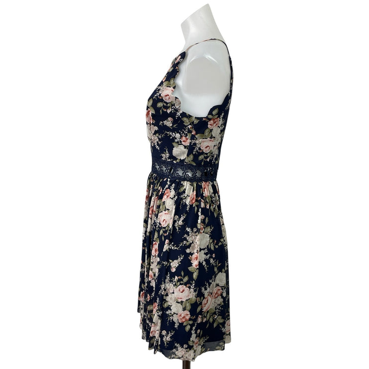 By & By Blue Floral High Neck Sleeveless Lace Fit & Flare Mini Dress Size 5