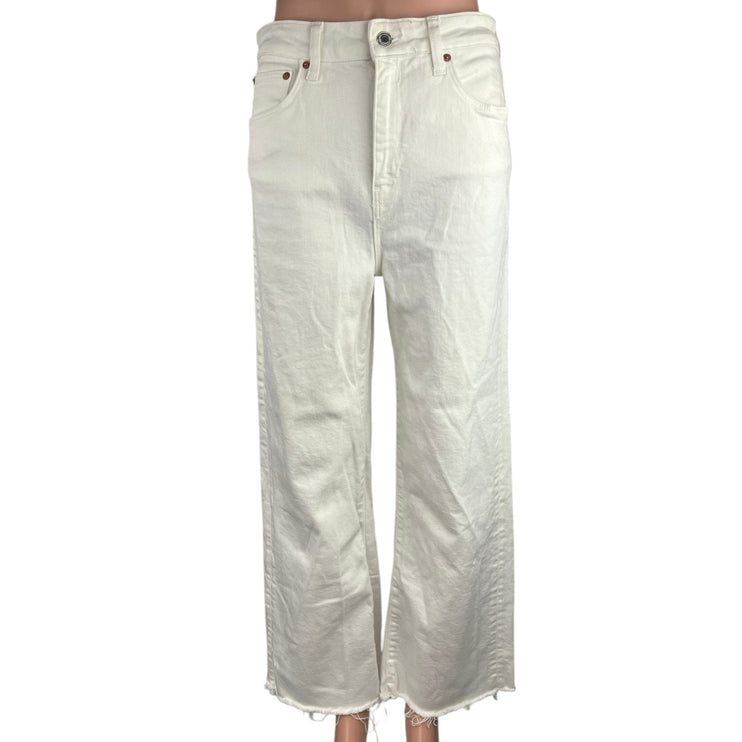 Zara White Straight Wide Leg High Rise Crop Stretch Raw Hem Denim Jeans Pants 6