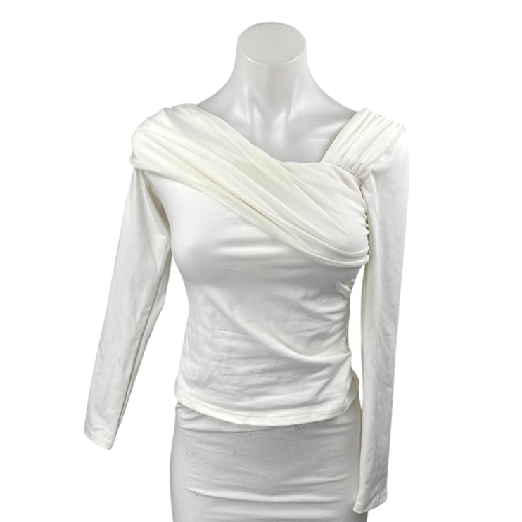 Princess Polly Women's White Long Sleeve Drape Pleated Crop Blouse Top Size 4