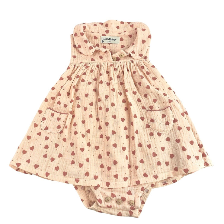 Tocoto Vintage Pink Tan Heart Print Sleeveless One Piece Bodysuit Dress Size 12M