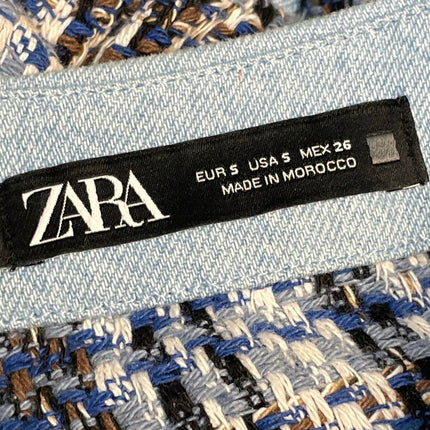 Zara Blue Tweed Long Sleeve Plaid Button Down Textured Cropped Jacket Top Size S