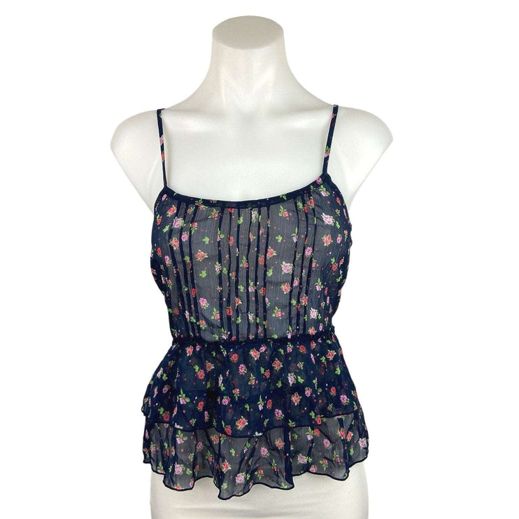 Aeropostale Navy Blue Floral Print Spaghetti Strap Peplum Camisole Tank Top Sz S