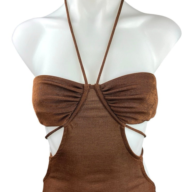 H:ours Brown Halter Cutouts Side Slit Ruched Sexy Midi Summer Dress Size S