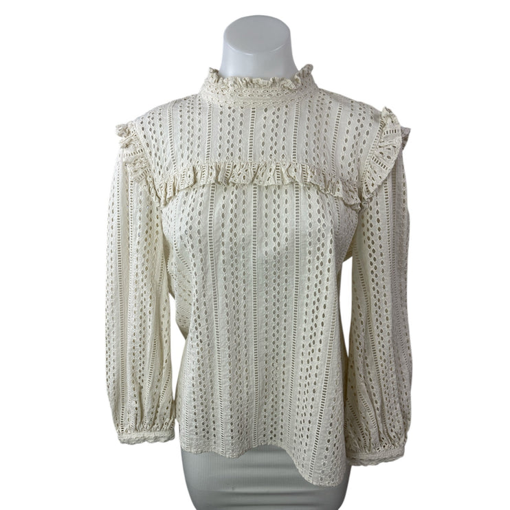 Madewell White Embroidered Eyelet Long Sleeve Ruffle Mock Neck Blouse Top Size S