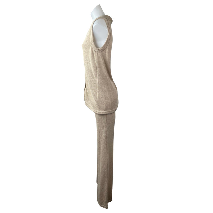 MNG Mango Beige Knit Sleeveless Button Up V Neck Wide Leg Pants 2 Pc Set Size S