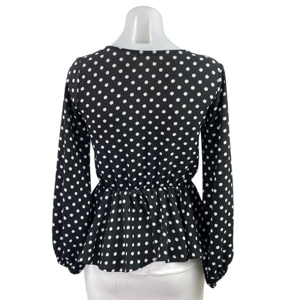 Mi Ami Women's Black White Polka Dots Long Sleeve V Neck Peplum Blouse Top XS
