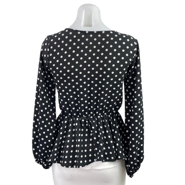 Mi Ami Women's Black White Polka Dots Long Sleeve V Neck Peplum Blouse Top XS