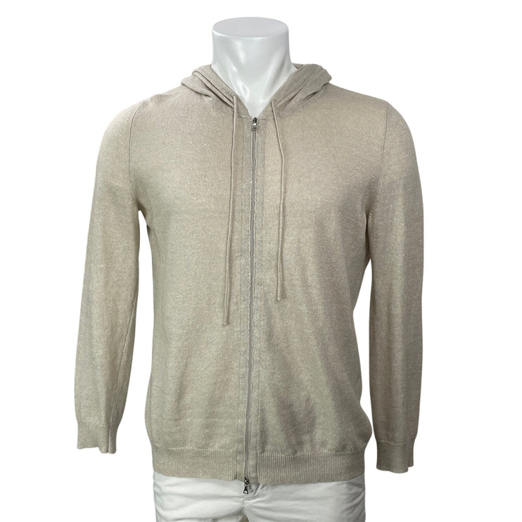 Lamberto Losani Men's Beige Linen Cashmere Full Zip Hoodie Sweatshirt Top Size S