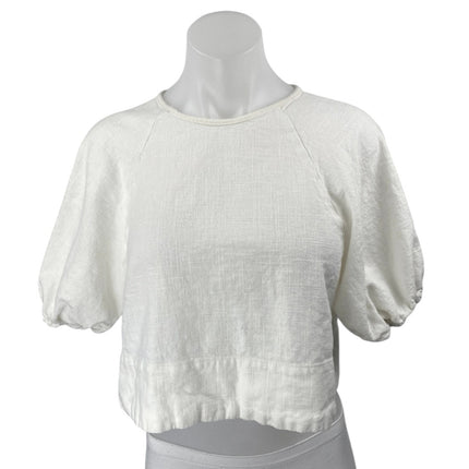 House Of Harlow 1960 Women's White Linen Short Puff Sleeve Crop Blouse Top Sz S