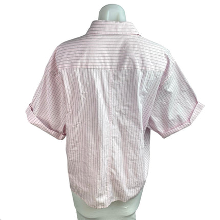 Zara Women's Pink Black Pinstriped Short Sleeve Button Down Shirt Top Size M