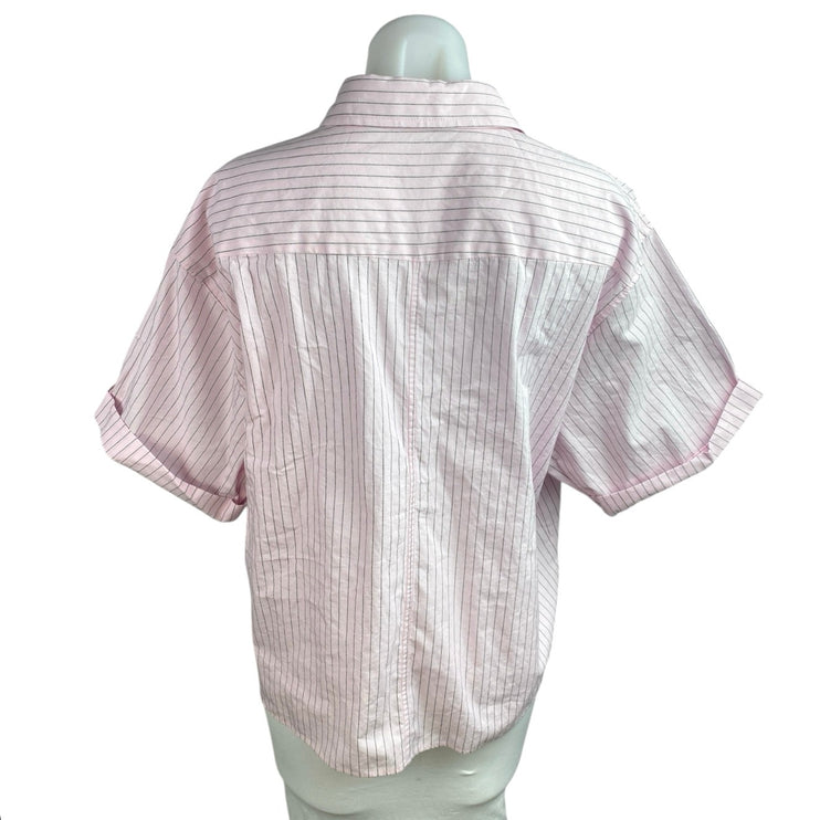 Zara Women's Pink Black Pinstriped Short Sleeve Button Down Shirt Top Size M