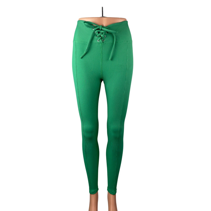Year of Ours Women's Green Ribbed Knit Lace Up Athletic Leggings Pants Size S