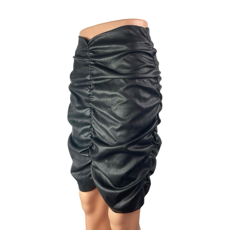 Hyfve Women's Black Faux Leather Vegan High Waist Ruched Pencil Mini Skirt Sz S