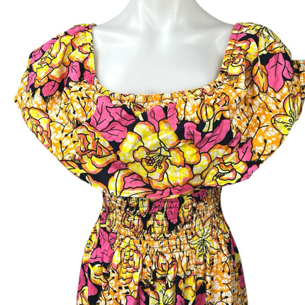 Marine Women's Yellow Pink Floral Tropical Smocked Waist A Line Maxi Dress Sz L