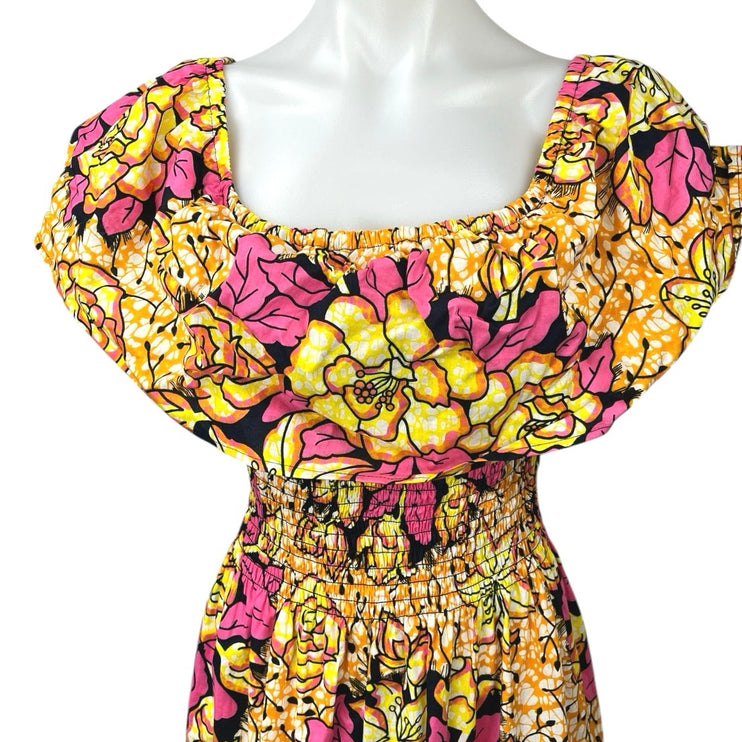 Marine Women's Yellow Pink Floral Tropical Smocked Waist A Line Maxi Dress Sz L
