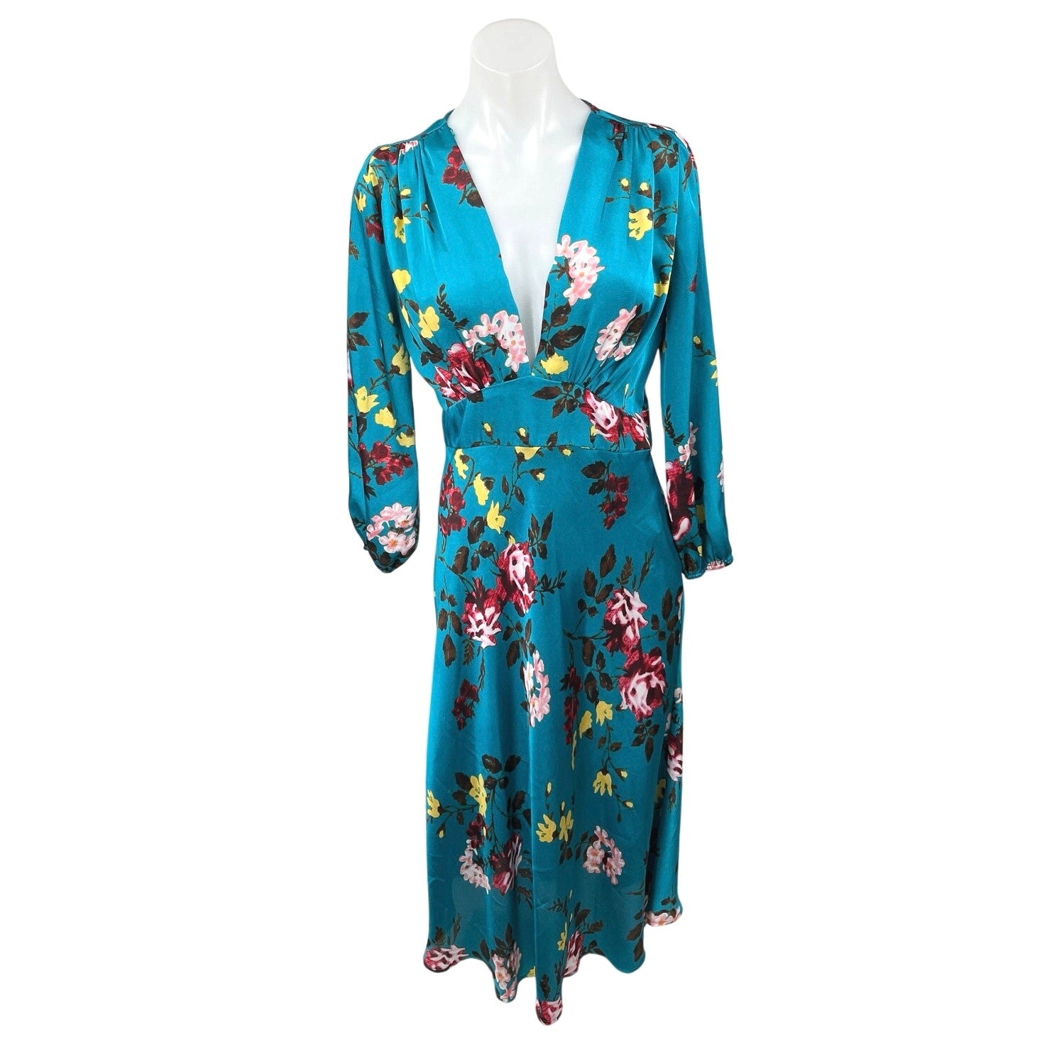 Zara Blue Silk Satin Floral Long Sleeve Deep V-Neck A Line Maxi Dress Brie Zara Blue Silk Satin Floral Long Sleeve Deep V-Neck A Line Maxi Dress Brie