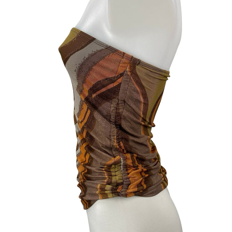 Motel Brown Multicolor Earthy Strapless Tube Bandeau Ruched Blouse Top Size XS
