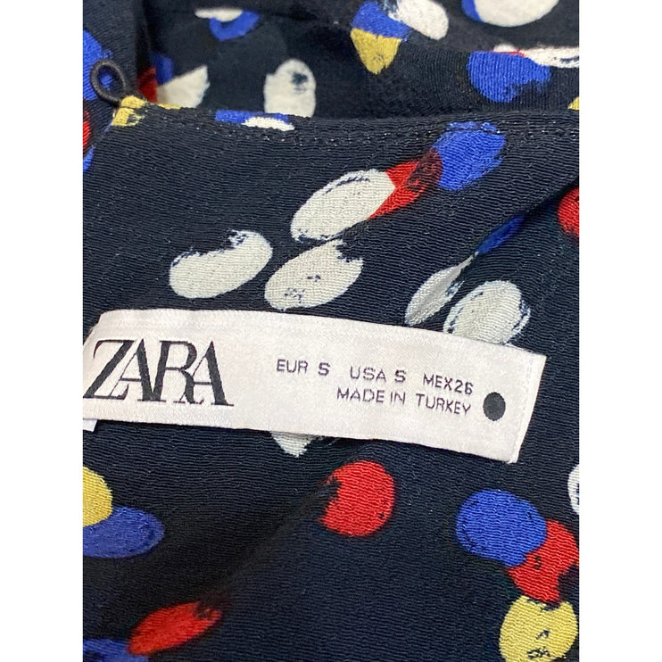 Zara Black Multicolor Dots Spotted Long Sleeve Tie Waist A Line Maxi Dress Sz S