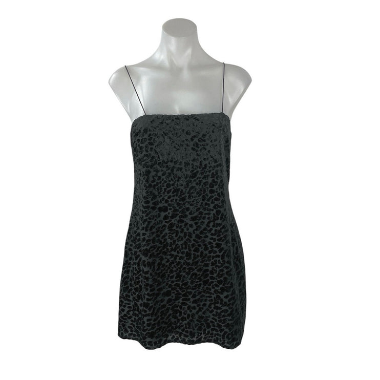 Women's Black Leopard Jacquard Sleeveless Square Neck Cami Tank Mini Dress M