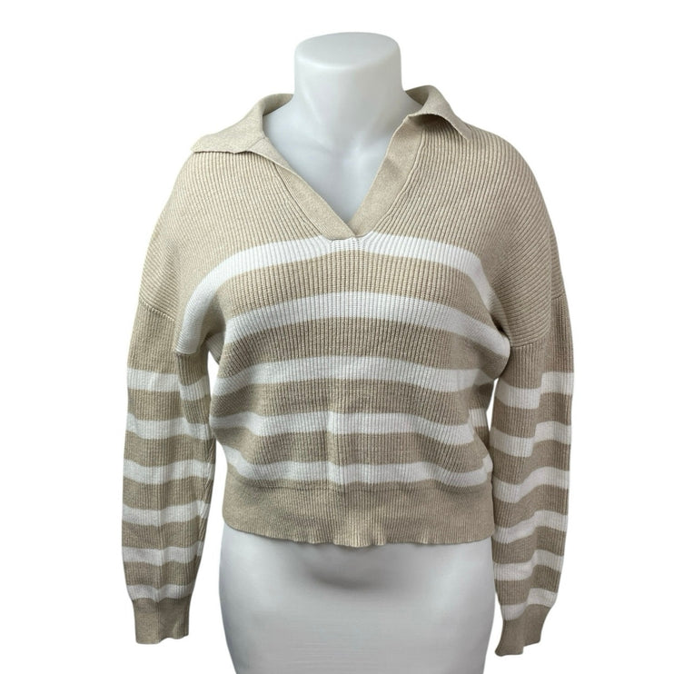 Marled Women's Beige White Striped Collared Long Sleeve Crop Polo Sweater Top XL