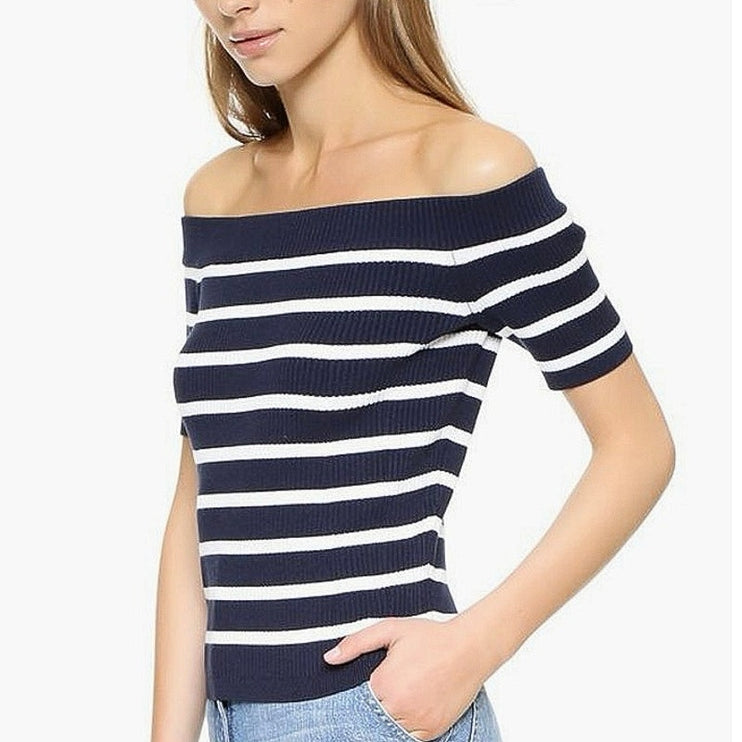 Sunday Stevens Navy Blue White Off The Shoulder Striped Knit Sweater Top Size L