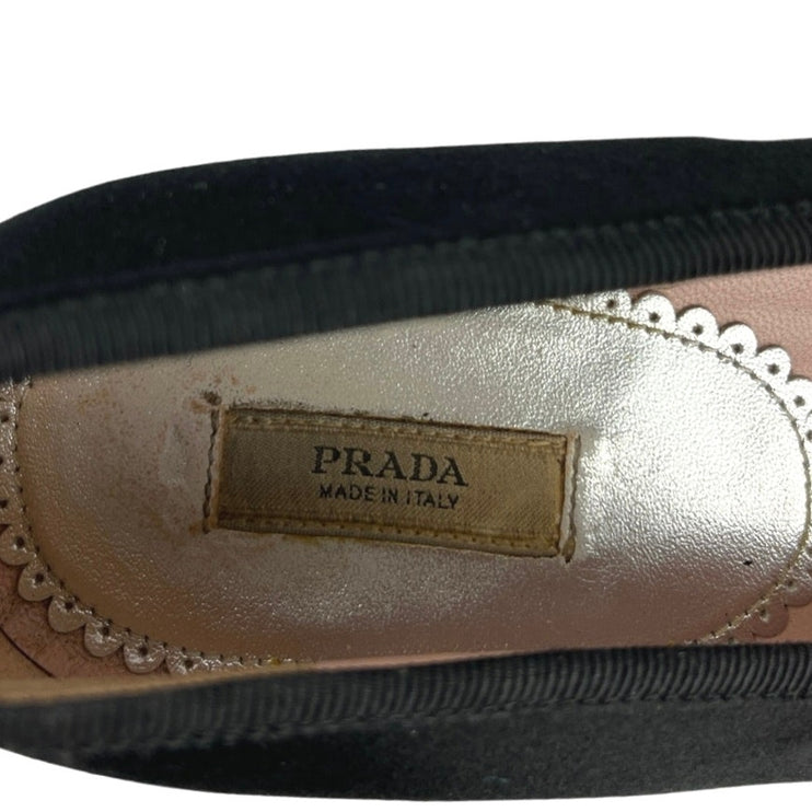 Prada Black Bow Cap-Toe Canvas Leather Slip On Comfort Ballet Flats Shoes 35/US5