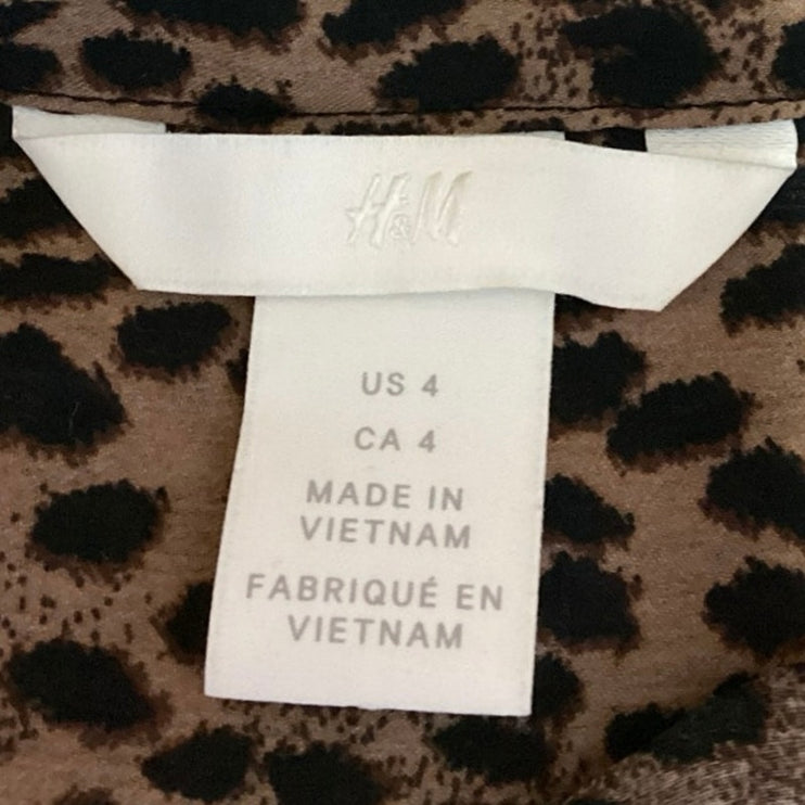 H&M Women's Brown Leopard Print Long Sleeve Band Collared Button Up Blouse Top 4