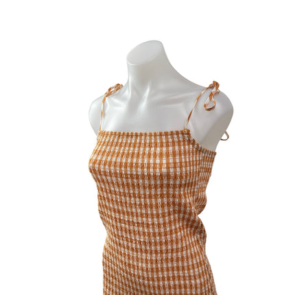 Reformation Gemini Women Coral Gingham Check Sleeveless Ruffle Tank Mini Dress M