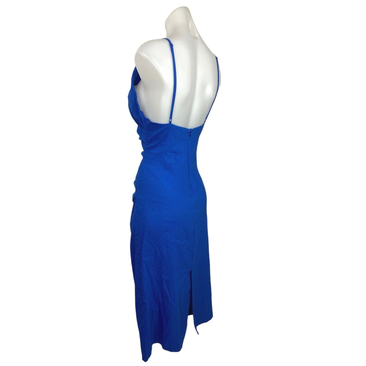 Zara Blue Sleeveless Halter Ruched Pencil Bodycon Midi Formal Cocktail Dress L