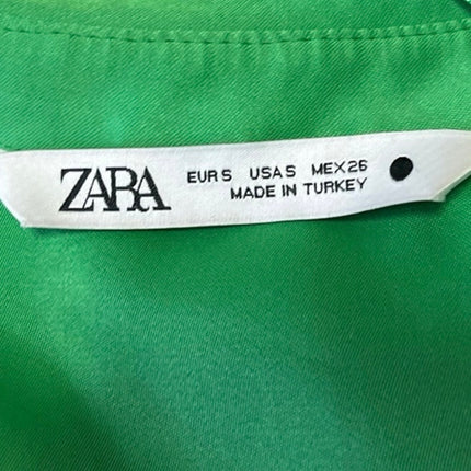 Zara Women's Green Silk Satin Collared Short Sleeve Button Down Shirt Top Size S
