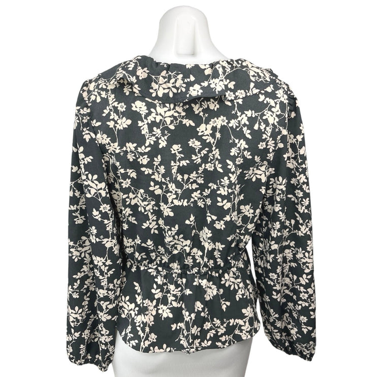 Old Navy Black Ivory Floral Tie Neck V Neck Ruffle Long Sleeve Blouse Top Size M