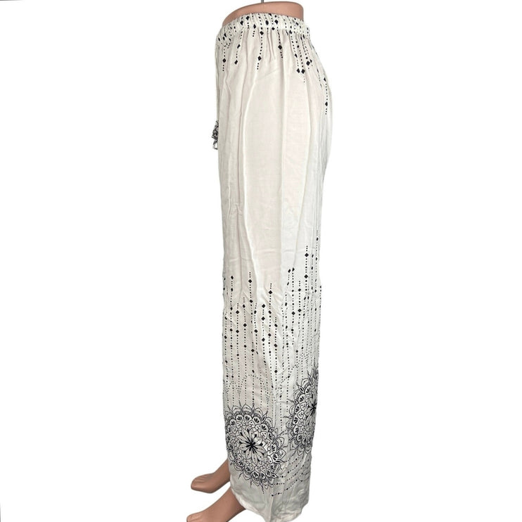 Women's White Black Drawstring Printed Ankle Elastic Waist Wide Leg Pants Size S