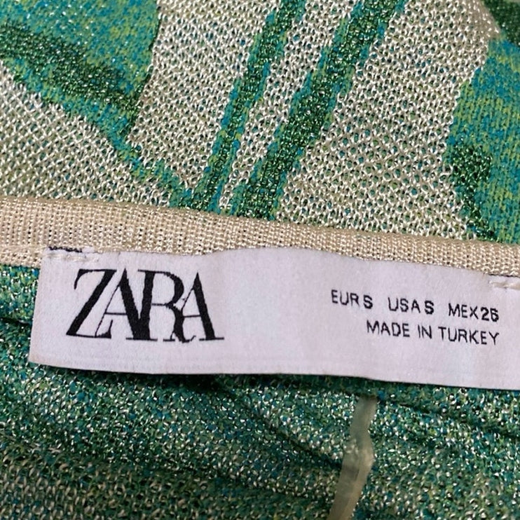 Zara Green Leaf Print Short Puff Sleeve Tropical Ruched Knit Crop Top Size S