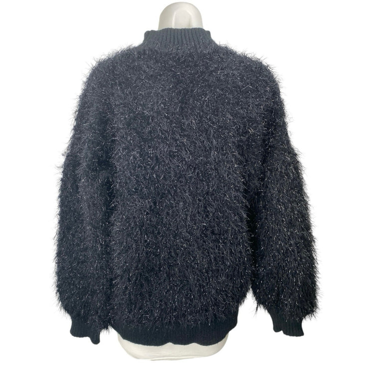 Rich Access Black Metallic Fuzzy Faux Fur Mock Neck Long Sleeve Sweater Top Sz M