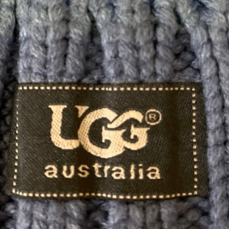 UGG Women's Blue Cable Knit Faux Fur Pompom Logo Patch Beanie Hat One Size