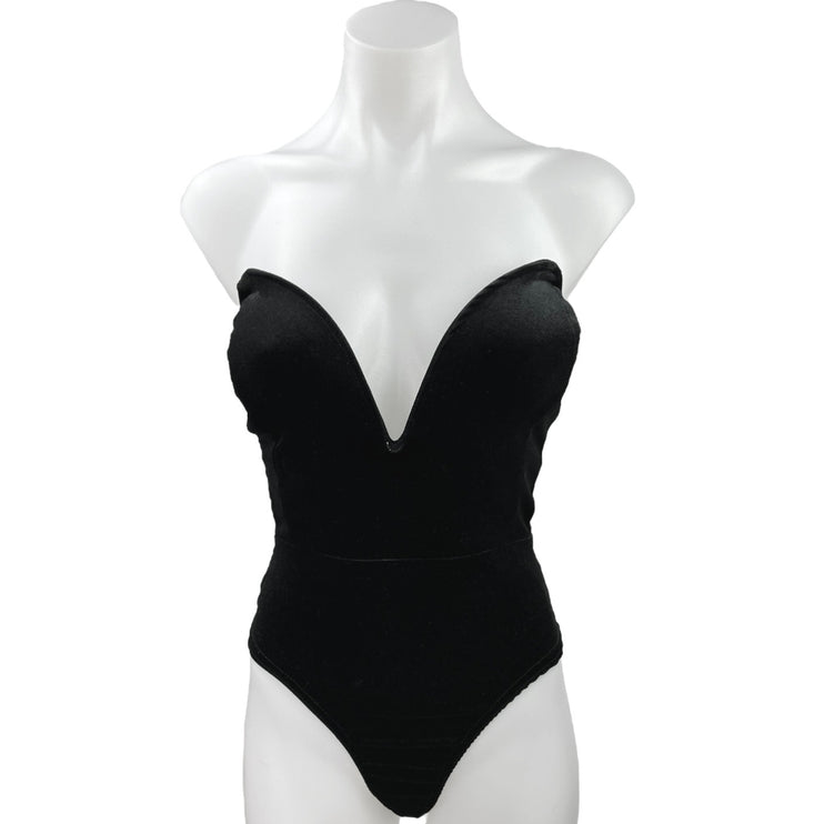 PrettyLittleThing Black Velour Velvet Strapless Plunging V-neck Bodysuit Top 2