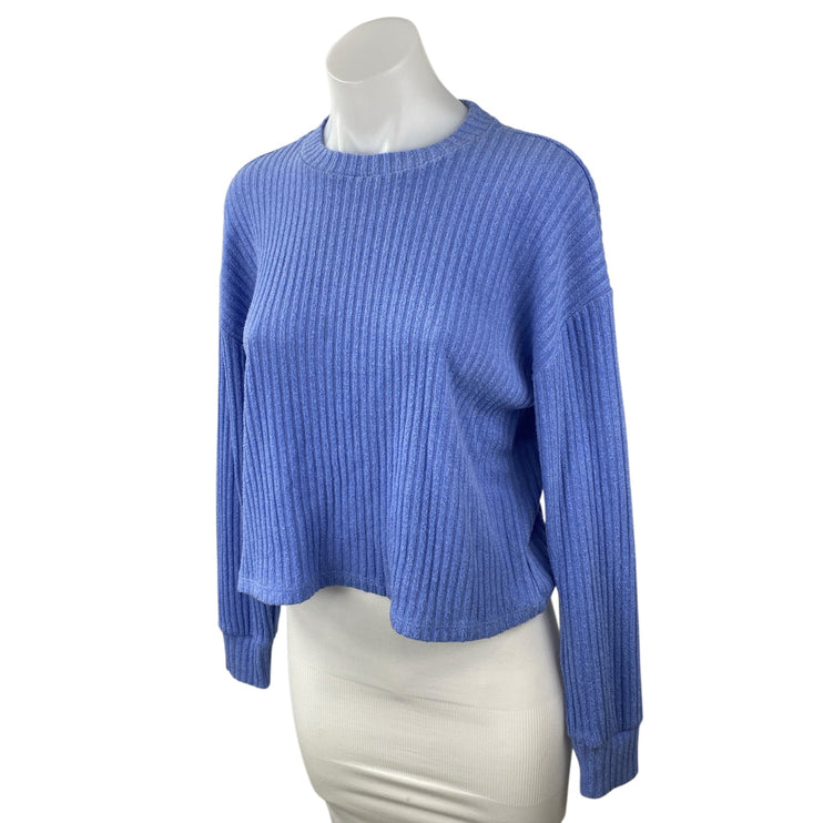 Aritzia Wilfred Free Women Blue Ribbed Knit Long Sleeve Cropped Sweater Top Sz S