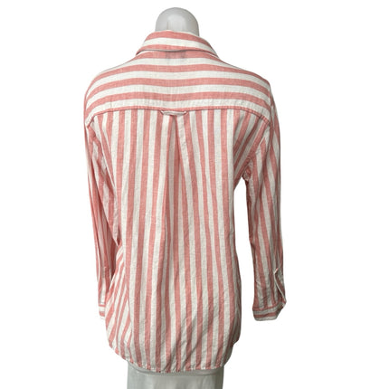 Old Navy Red White Linen Striped Button Up Collar Long Sleeve Shirt Blouse Top S