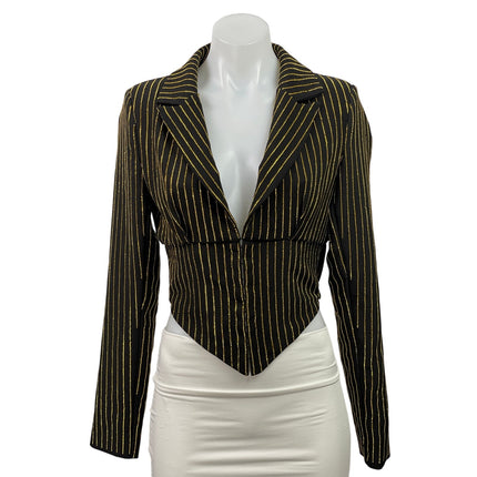 Akira Dark Green Long Sleeves Pinstriped Crop Plunge V-neck Blazer Coat Jacket S