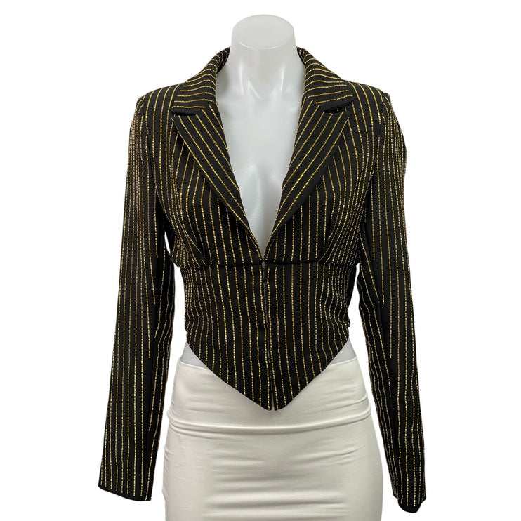 Akira Dark Green Long Sleeves Pinstriped Crop Plunge V-neck Blazer Coat Jacket S