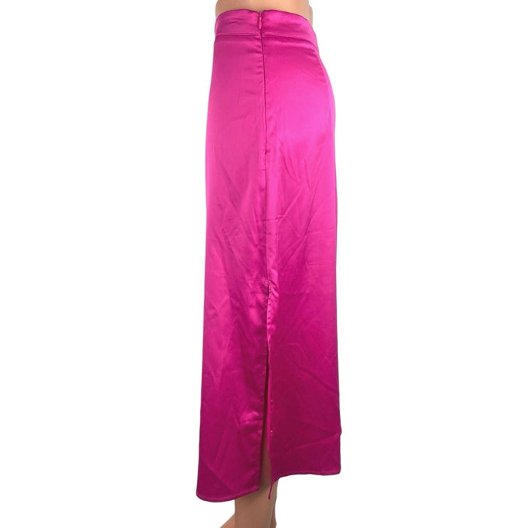 Womens Pink Satin High Slit Side Zipper Casual Party Midi A-Line Skirt Size S